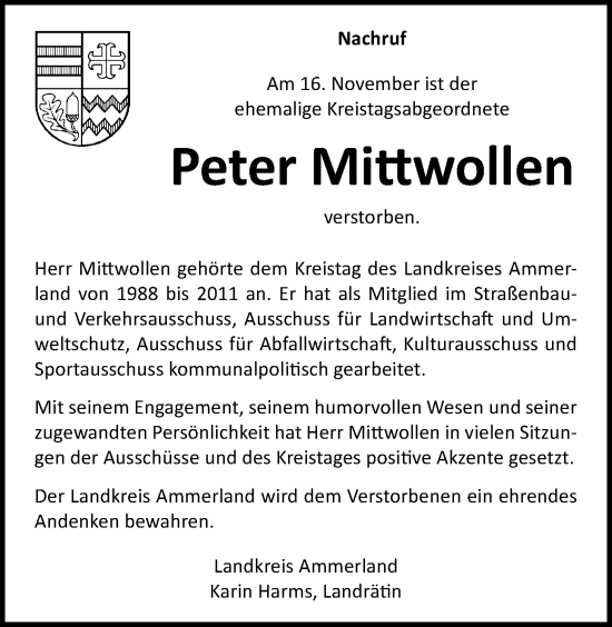 Traueranzeige von Peter Mittwollen von Nordwest-Zeitung