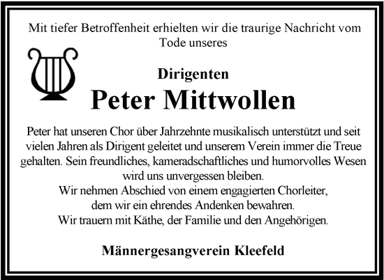 Traueranzeige von Peter Mittwollen von Nordwest-Zeitung
