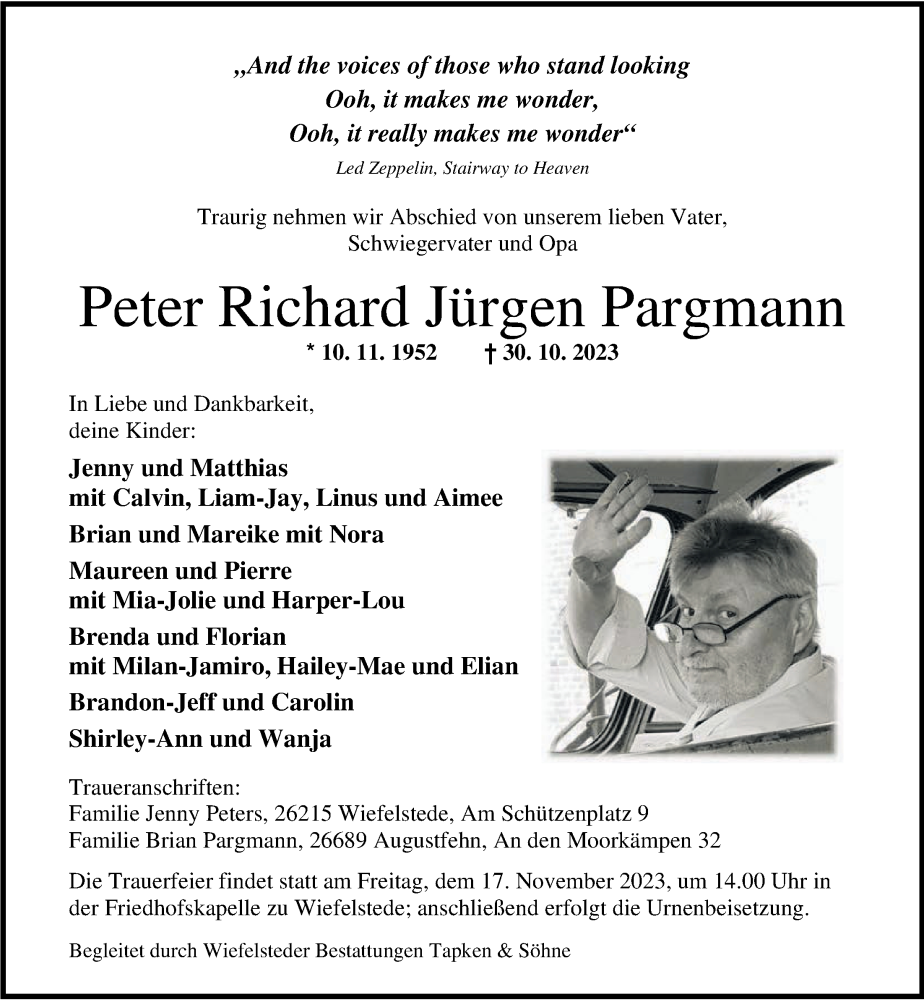  Traueranzeige für Peter Richard Jürgen Pargmann vom 11.11.2023 aus Nordwest-Zeitung