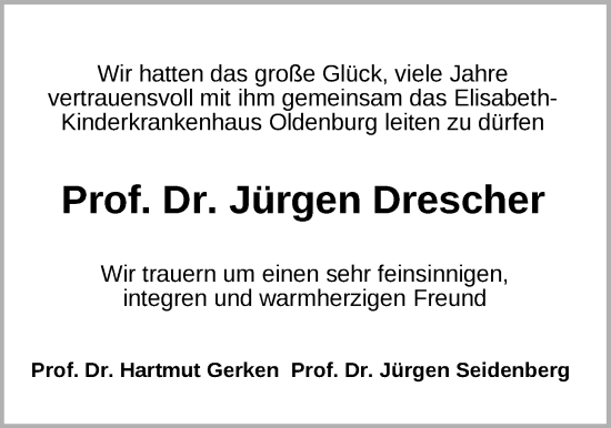 Traueranzeige von Prof. Dr. Jürgen Drescher von Nordwest-Zeitung