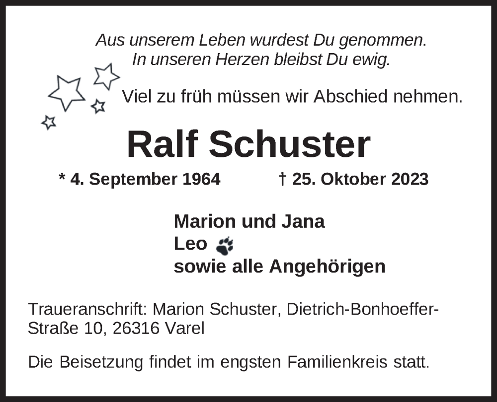  Traueranzeige für Ralf Schuster vom 04.11.2023 aus Nordwest-Zeitung