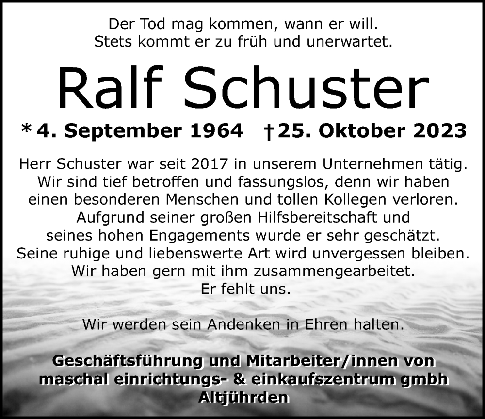 Traueranzeige für Ralf Schuster vom 08.11.2023 aus Nordwest-Zeitung