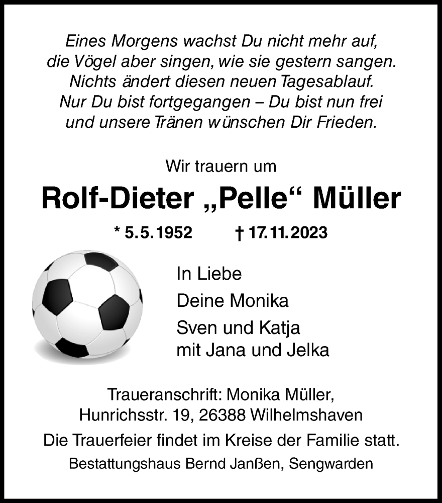 Traueranzeigen von RolfDieter Müller nordwesttrauer.de