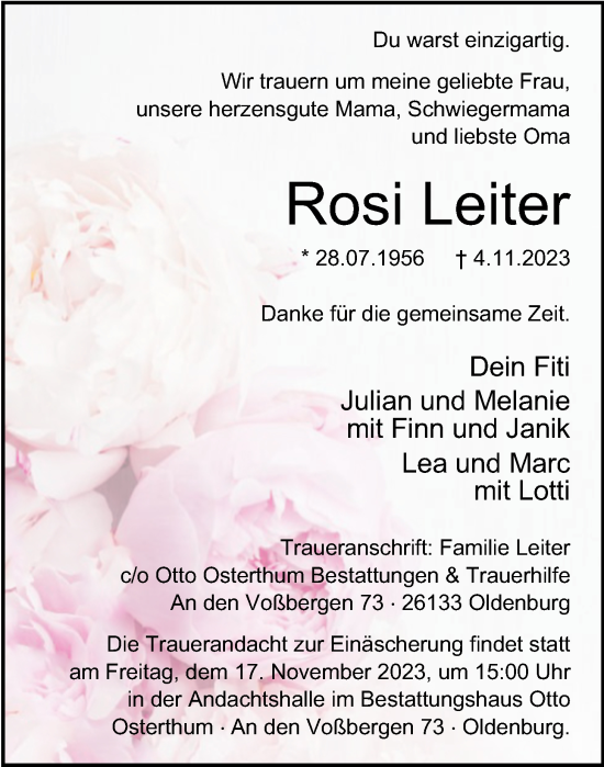 Traueranzeige von Roswitha Leiter von Nordwest-Zeitung