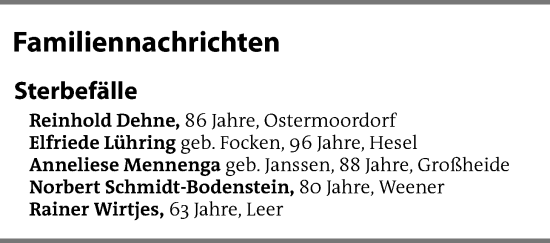 Traueranzeige von Sterbefälle vom 16.11.2023 von Emder Zeitung