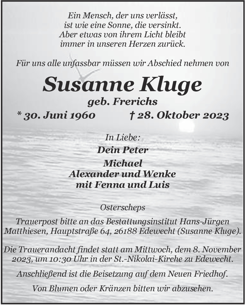  Traueranzeige für Susanne Kluge vom 04.11.2023 aus Nordwest-Zeitung