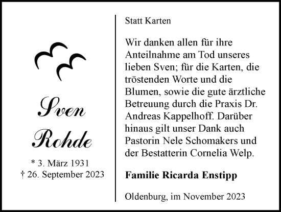 Traueranzeige von Sven Rohde von Nordwest-Zeitung