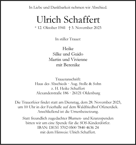 Traueranzeige von Ulrich Schaffert von Nordwest-Zeitung