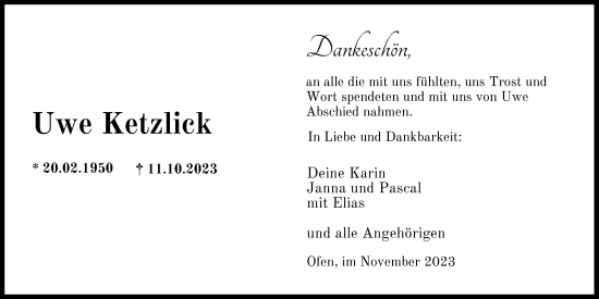 Traueranzeige von Uwe Ketzlick von Nordwest-Zeitung