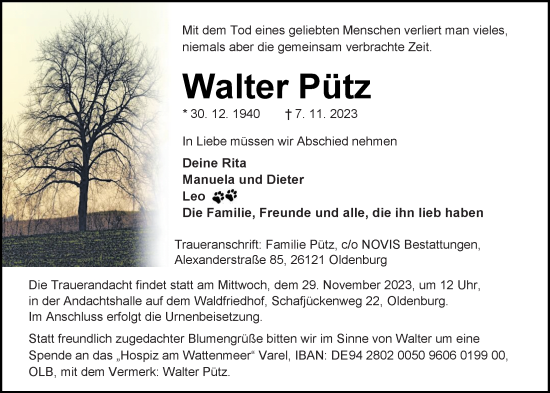 Traueranzeige von Walter Pütz von Nordwest-Zeitung