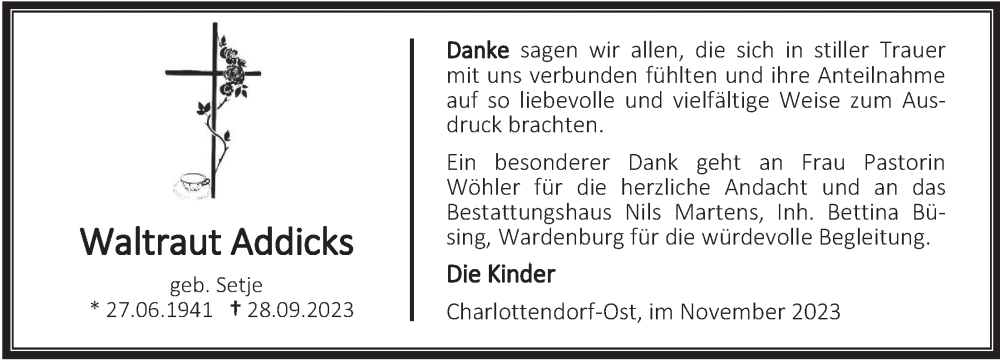  Traueranzeige für Waltraut Addicks vom 11.11.2023 aus Nordwest-Zeitung