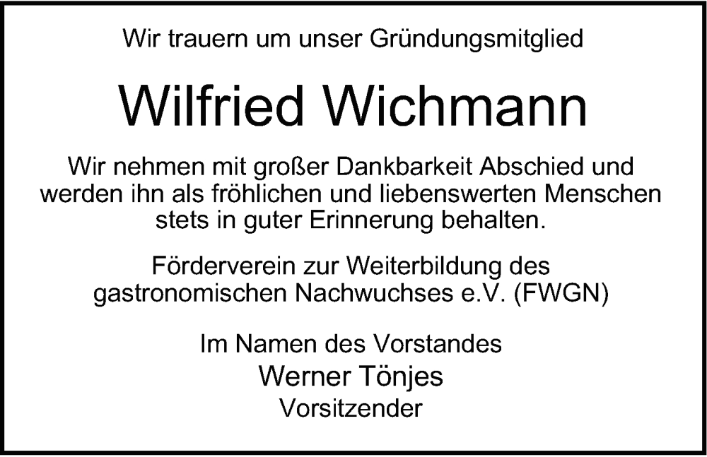  Traueranzeige für Wilfried Wichmann vom 11.11.2023 aus Nordwest-Zeitung