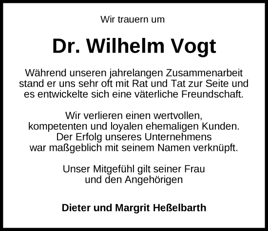 Traueranzeige von Wilhelm Vogt von WZ/JW/AH