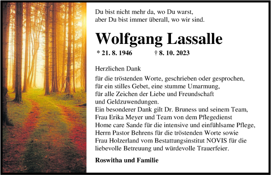 Traueranzeige von Wolfgang Lassalle von WZ/JW/AH