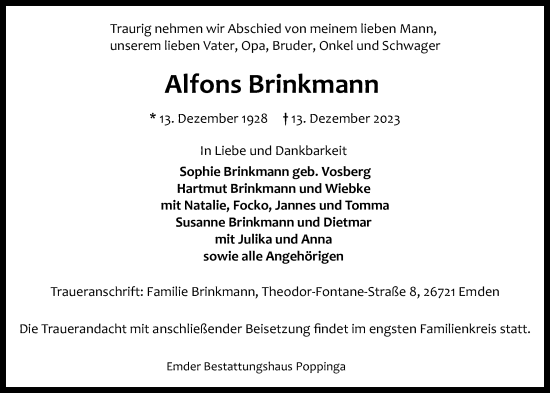 Traueranzeige von Alfons Brinkmann von Emder Zeitung