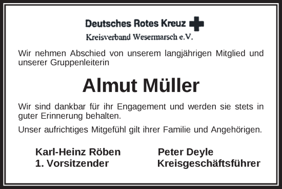 Traueranzeige von Almut Müller von Nordwest-Zeitung