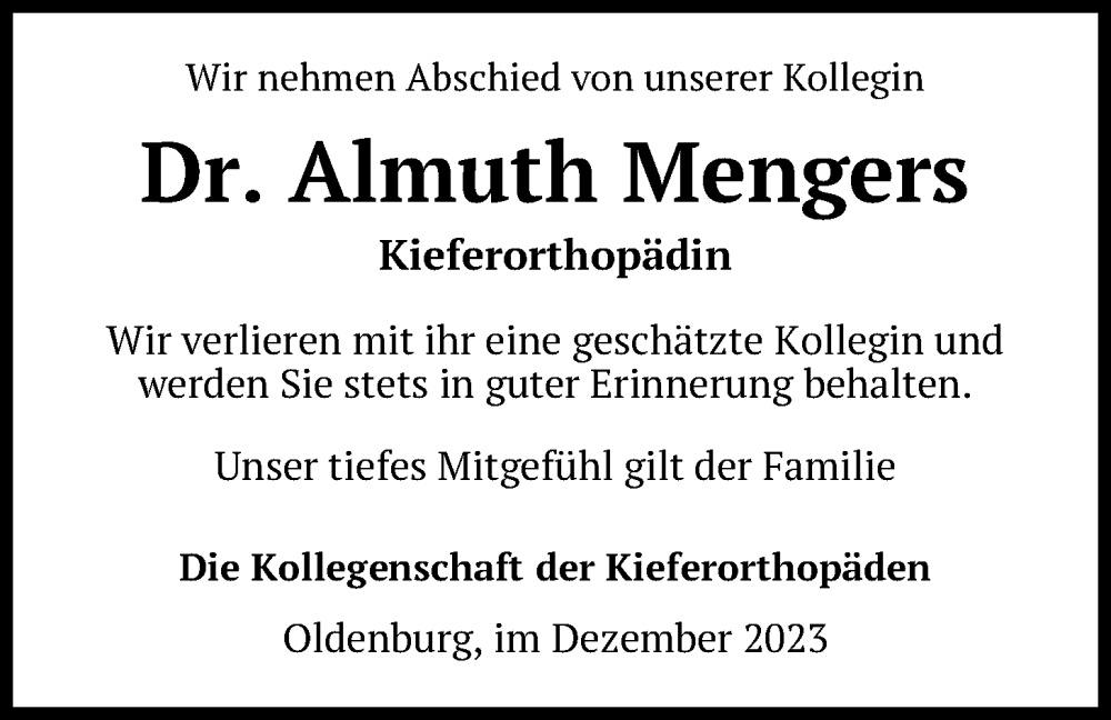  Traueranzeige für Almuth Mengers vom 09.12.2023 aus Nordwest-Zeitung