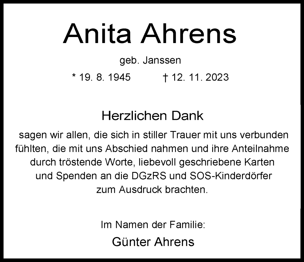  Traueranzeige für Anita Ahrens vom 09.12.2023 aus WZ/JW/AH
