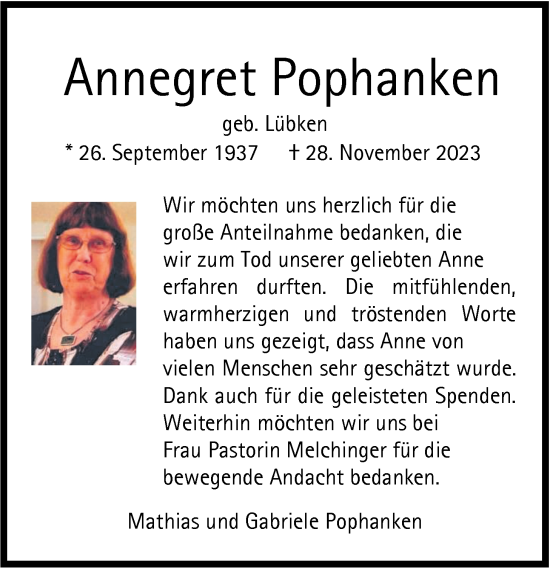 Traueranzeige von Annegret Pophanken von Nordwest-Zeitung