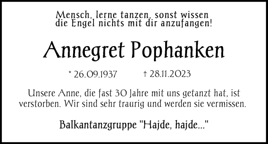 Traueranzeige von Annegret Pophanken von Nordwest-Zeitung