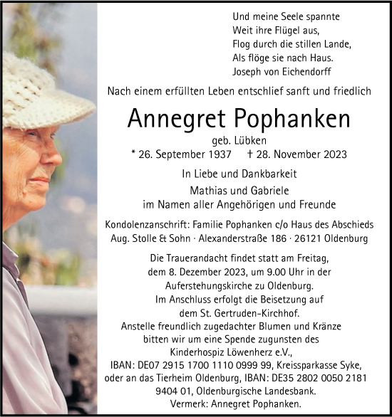 Traueranzeige von Annegret Pophanken von Nordwest-Zeitung