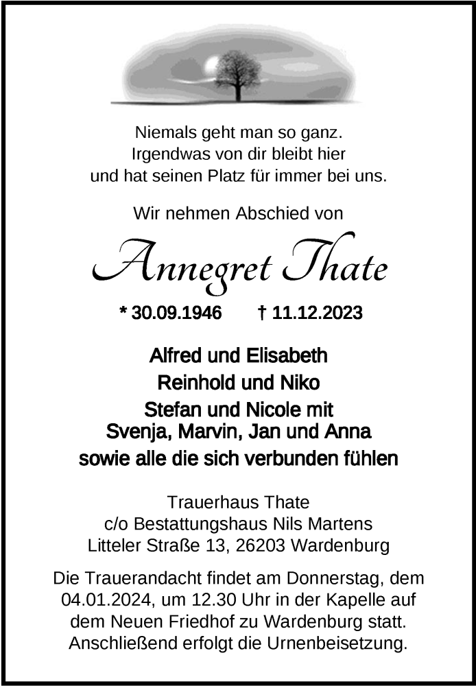  Traueranzeige für Annegret Thate vom 30.12.2023 aus Nordwest-Zeitung