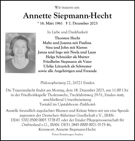 Traueranzeigen von Annette Siepmann-Hecht | nordwest-trauer.de