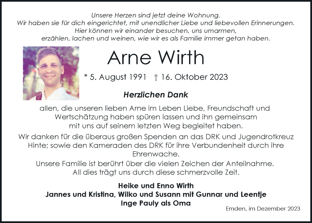  Traueranzeige für Arne Wirth vom 09.12.2023 aus Emder Zeitung