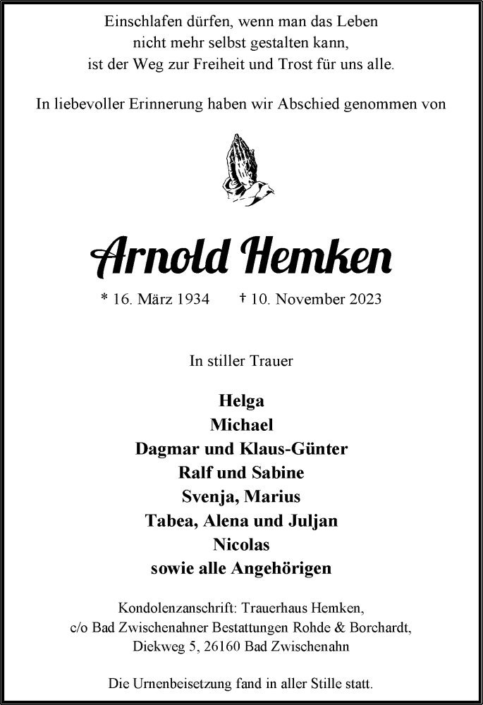  Traueranzeige für Arnold Hemken vom 09.12.2023 aus Nordwest-Zeitung