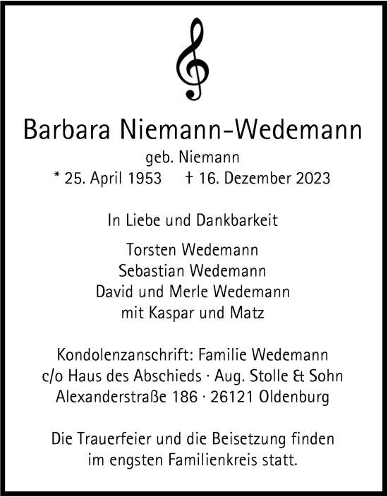 Traueranzeige von Barbara Niemann-Wedemann von Nordwest-Zeitung
