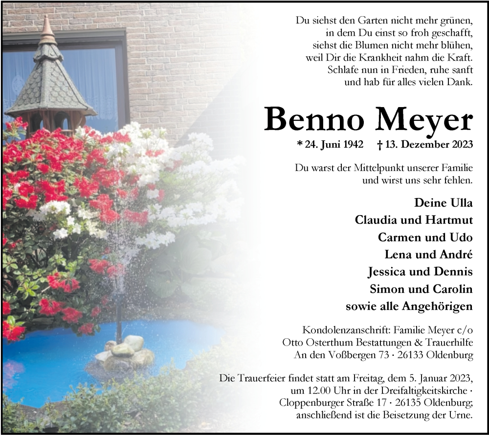  Traueranzeige für Benno Meyer vom 23.12.2023 aus Nordwest-Zeitung