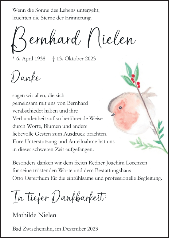 Traueranzeige von Bernhard Nielen von Nordwest-Zeitung