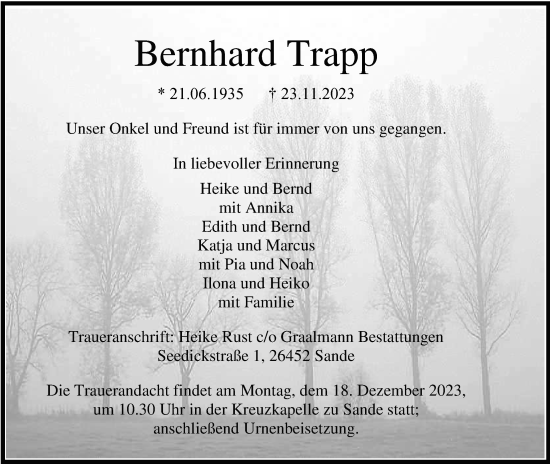 Traueranzeige von Bernhard Trapp von WZ/JW/AH