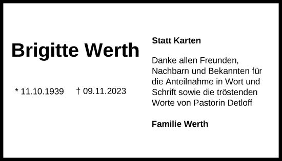 Traueranzeige von Brigitte Werth von Nordwest-Zeitung