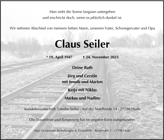 Traueranzeige von Claus Seiler von Nordwest-Zeitung