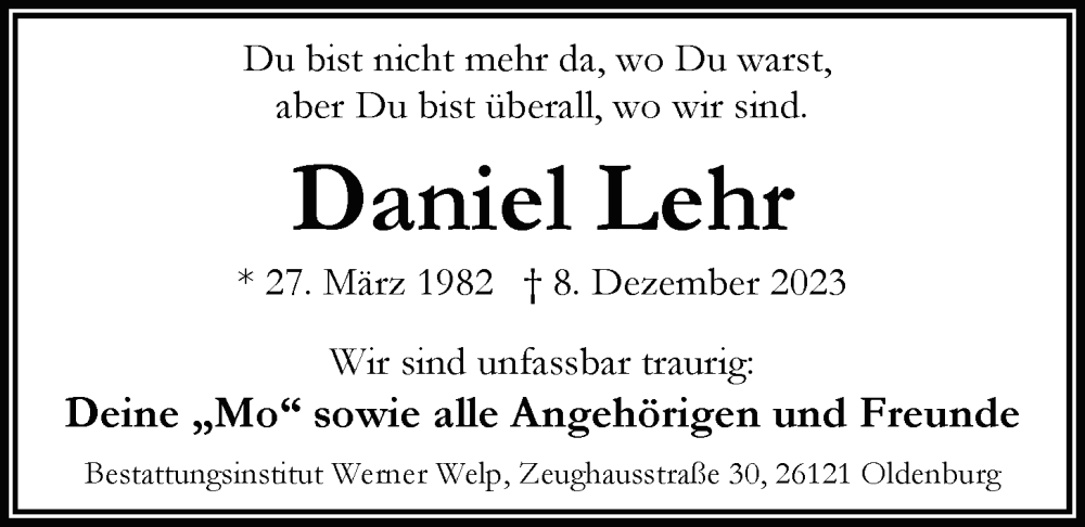  Traueranzeige für Daniel Lehr vom 23.12.2023 aus Nordwest-Zeitung