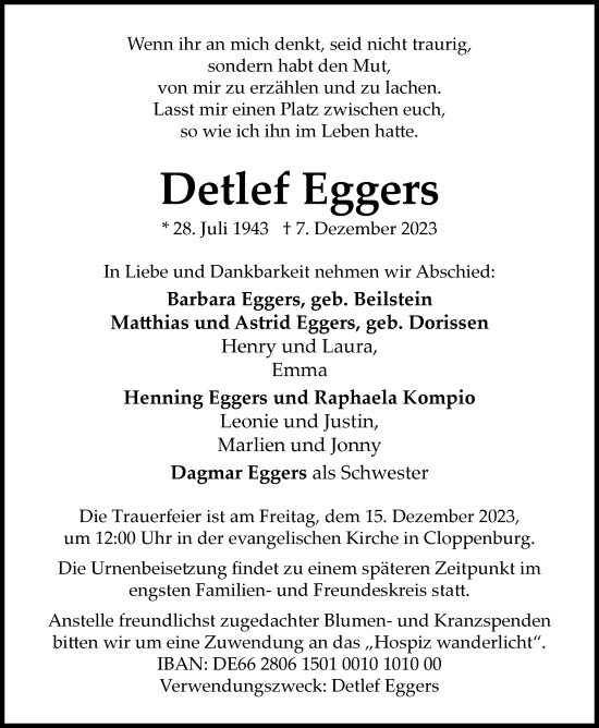 Traueranzeige von Detlef Eggers von Nordwest-Zeitung