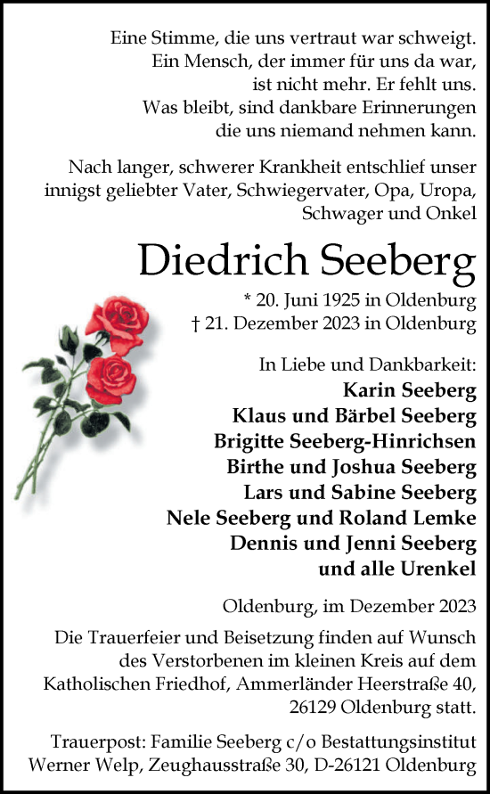 Traueranzeige von Diedrich Seeberg von Nordwest-Zeitung