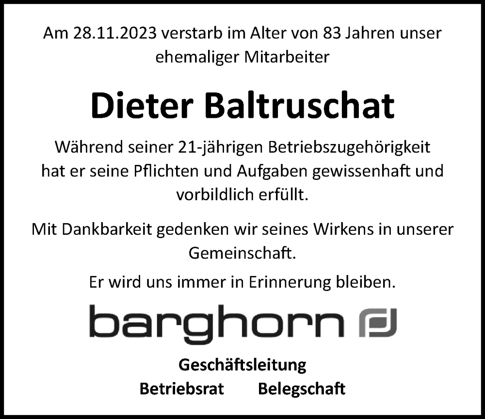  Traueranzeige für Dieter Baltruschat vom 06.12.2023 aus Nordwest-Zeitung