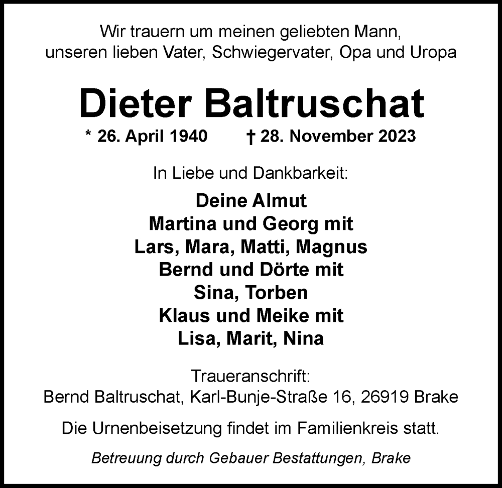  Traueranzeige für Dieter Baltruschat vom 05.12.2023 aus Nordwest-Zeitung