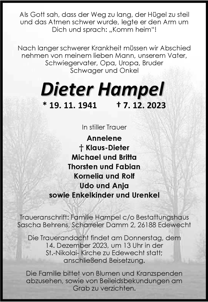  Traueranzeige für Dieter Hampel vom 09.12.2023 aus Nordwest-Zeitung