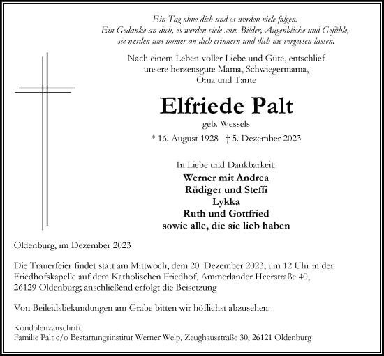 Traueranzeige von Elfriede Palt von Nordwest-Zeitung