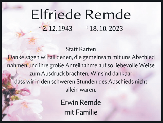 Traueranzeige von Elfriede Remde von Nordwest-Zeitung