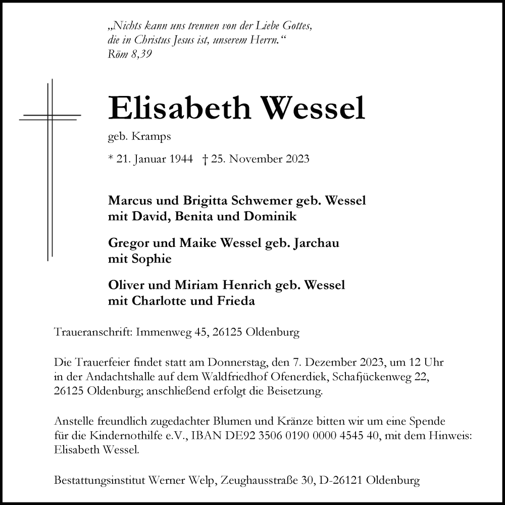  Traueranzeige für Elisabeth Wessel vom 02.12.2023 aus Nordwest-Zeitung