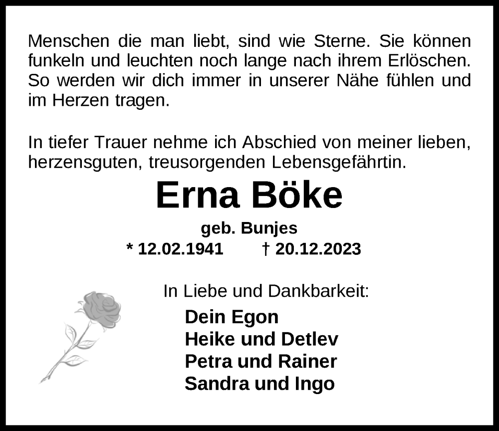  Traueranzeige für Erna Böke vom 23.12.2023 aus Nordwest-Zeitung
