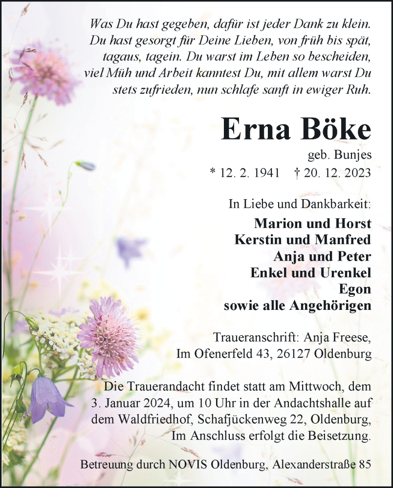  Traueranzeige für Erna Böke vom 23.12.2023 aus Nordwest-Zeitung