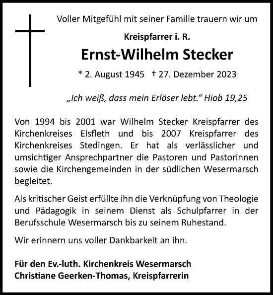 Traueranzeige von Ernst-Wilhelm Stecker von Nordwest-Zeitung