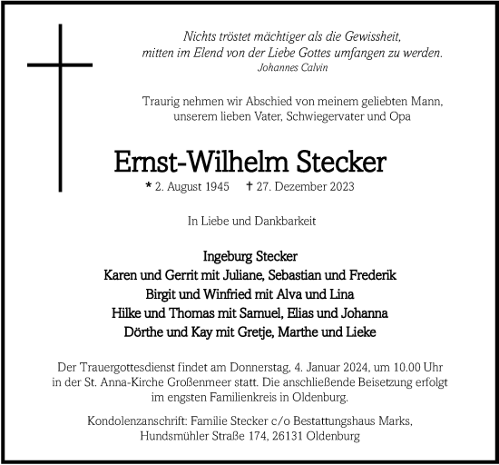 Traueranzeige von Ernst-Wilhelm Stecker von Nordwest-Zeitung