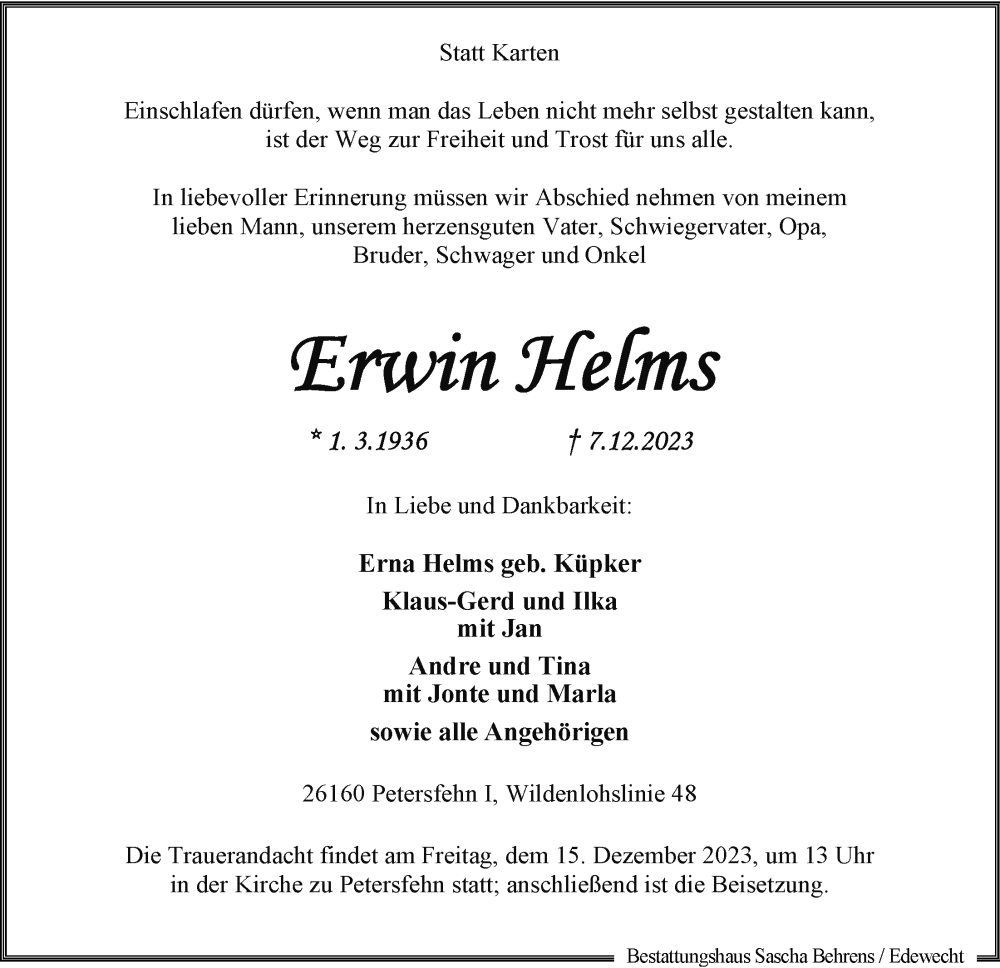  Traueranzeige für Erwin Helms vom 09.12.2023 aus Nordwest-Zeitung