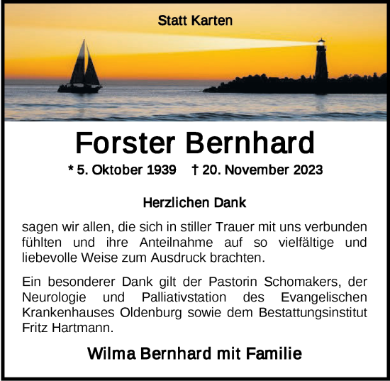 Traueranzeige von Forster Bernhard von Nordwest-Zeitung